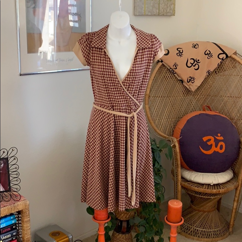 Better Be Brown and Cream Houndstooth Wrap Dress
